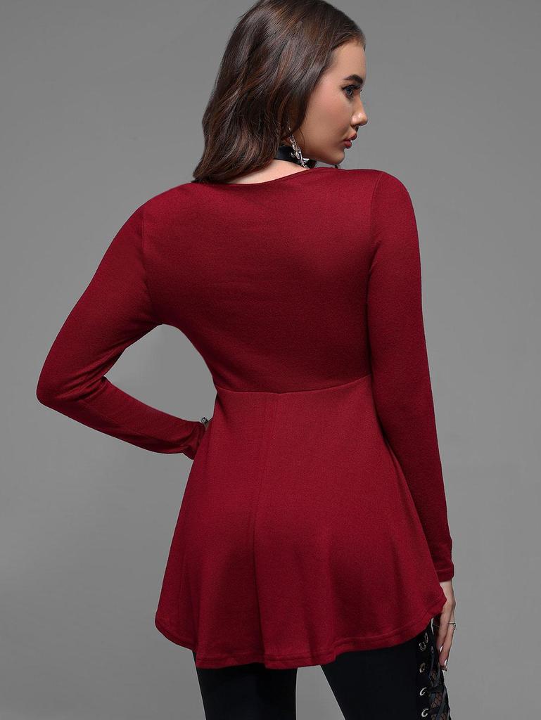 Rosegal Plus Size Футболка с длинными рукавами и оборками на шнуровке и люверсами в цветных блоках