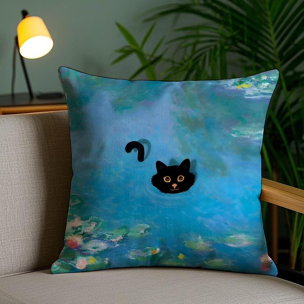 Cute Black Cat Oil Painting Cushion Cover Plush Fabric DoubleSided Printed Invisible Zipper Sofa Pillow Case Home Bedroom Decor