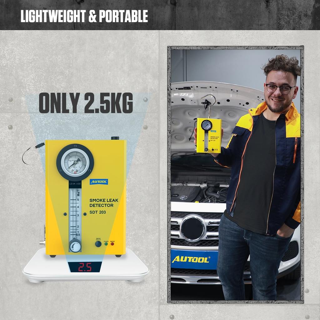 Автомобильный дымогенератор, анализатор утечек труб, AUTOOL SDT203, источник питания 12 В, внутренний воздушный насос, манометр, регулируемый размер дыма