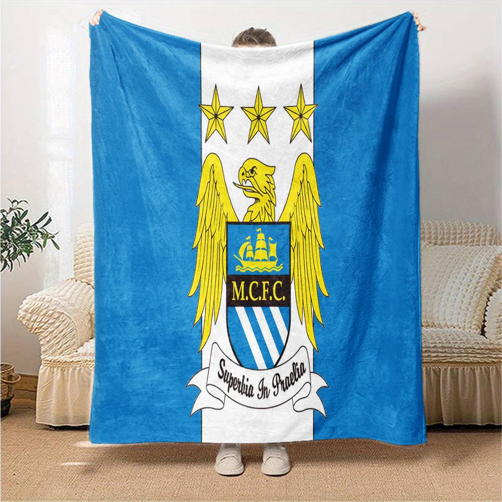 Football Manchester Crest Flannel Blanket, Soft Polyester, Modern Design, All-Season for Camping, Travel, Gifts for holidays or birthdays