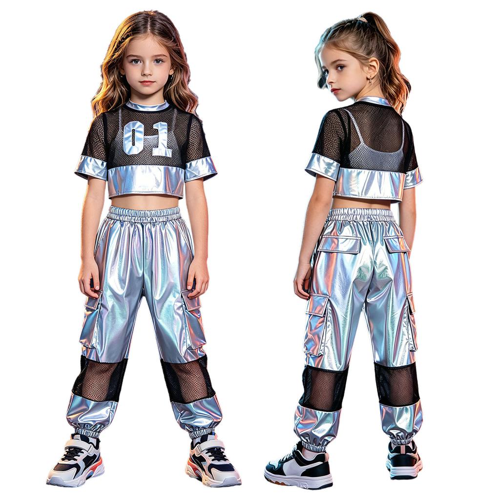 Kids Girls Hip Hop Jazz Dance Set Short Sleeve Number Graphic Hollow Out Mesh Crop Top with Shiny Cargo Pants for Stage Performance Competition