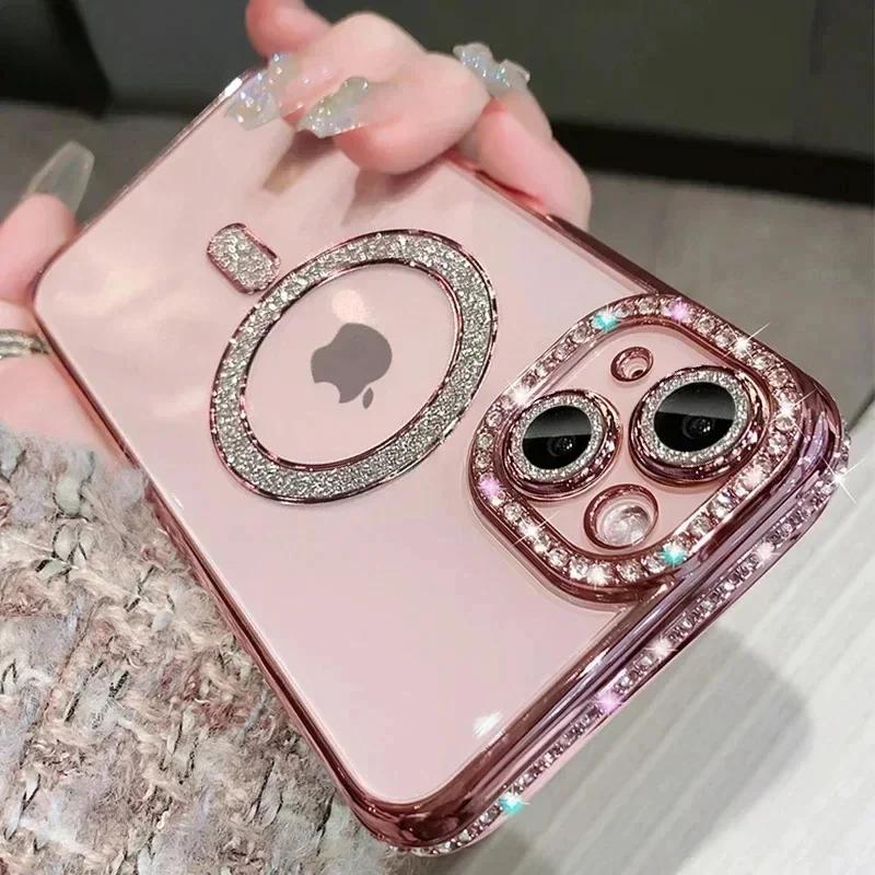 Прозрачный блестящий кристальный чехол для телефона для iPhone 17 Air 15 16 14 11 12 13 Pro Max Plus Для Magsafe Магнитная беспроводная зарядка Чехол