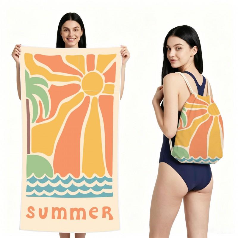 Dual-Sided Microfiber Beach Towel With Cocktail Print Quick-Dry Foldable Pool Spa Travel Outdoor Use Lightweight Absorbent Bath