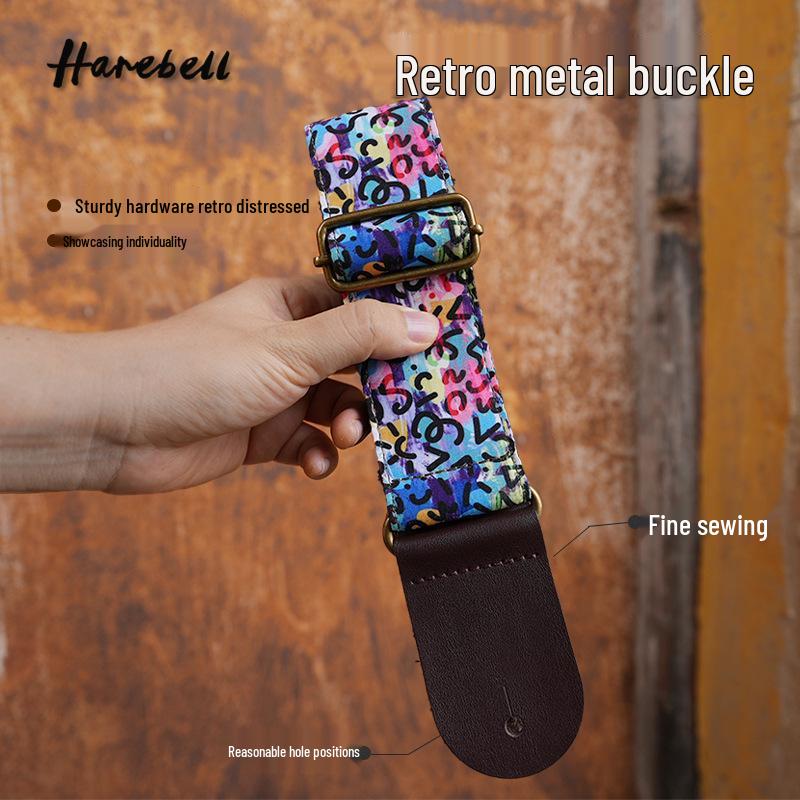 Retro Metal Buckle Guitar Strap with Rock Pattern, Double Layer Design, Black Pen Color PO-048