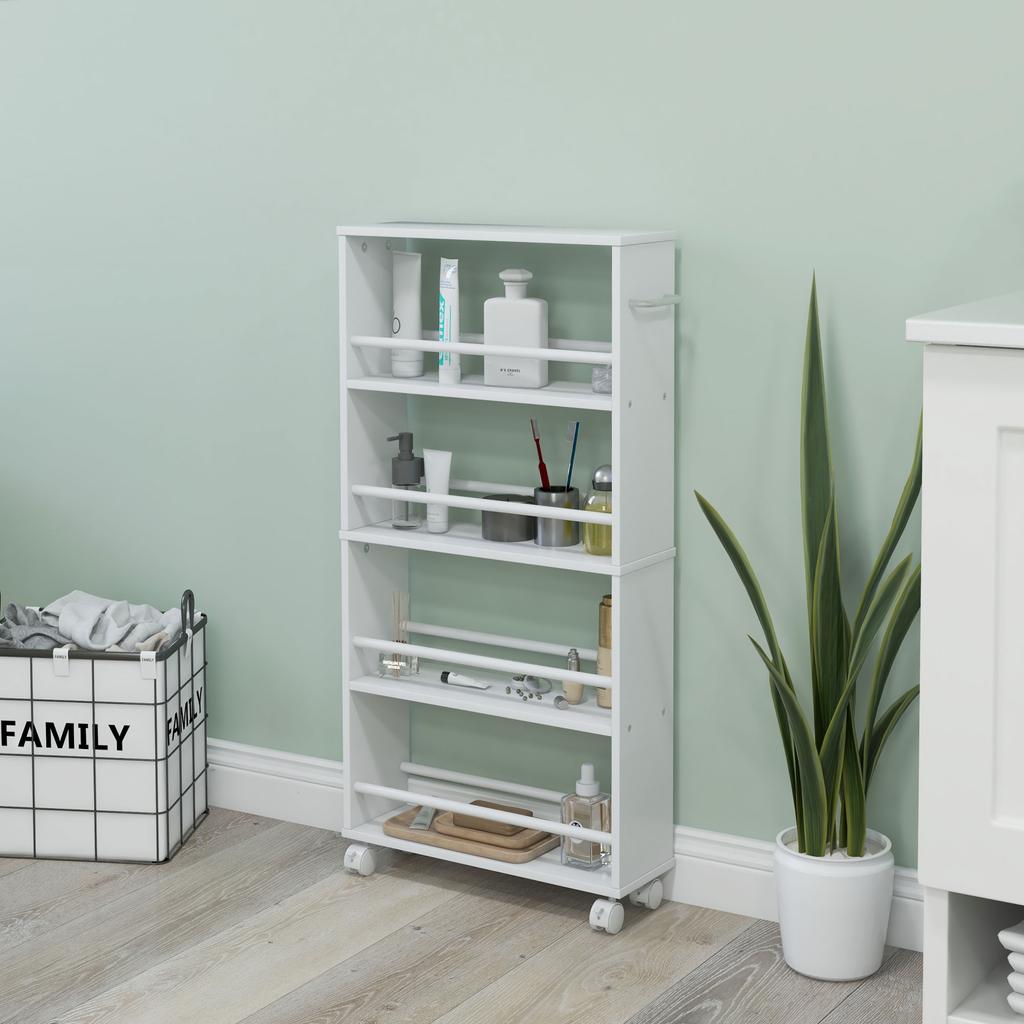 Multifunctional Shelf with Casters, Narrow Design, 4 Compartments, 45x15x91 cm, White