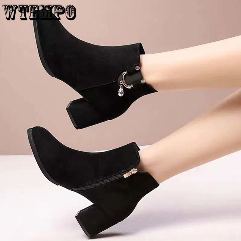 Женские кожаные ботинки из искусственной замши, матовая кожа, короткий цилиндр, на высоком каблуке с круглой головкой, водяная буровая машина, боковая молния, противоскользящие пригородные туфли на толстом каблуке, мягкая подошва