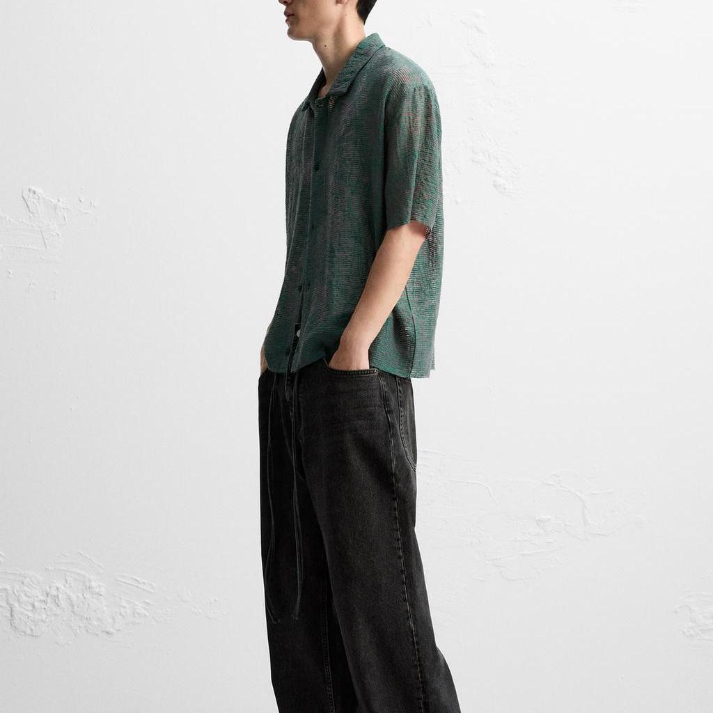 Zara Рубашка поло с коротким рукавом из жаккардовой вязки, мужская рубашка, зеленая 4805306-500