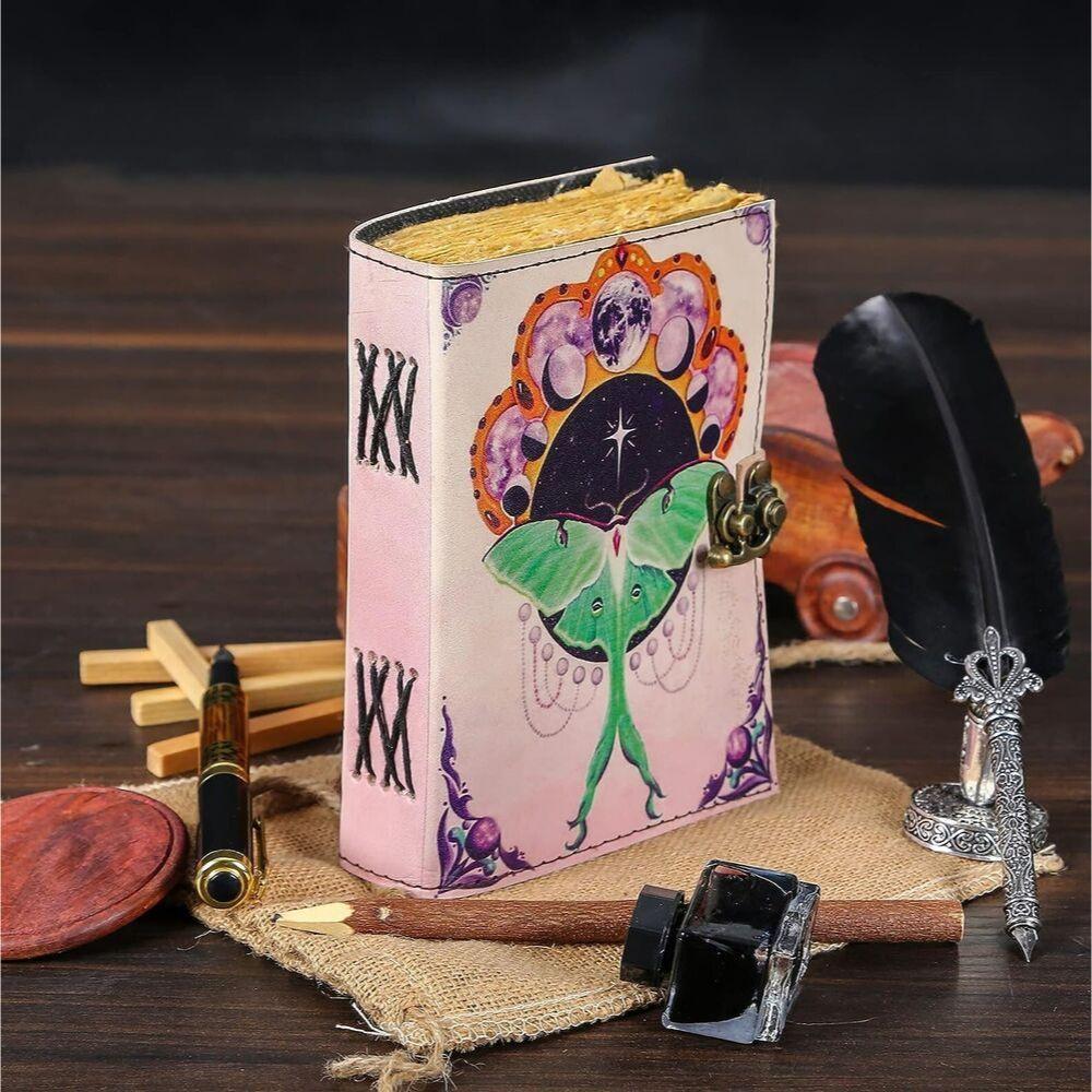 Spell Book of Shadows Vintage Leather Bound Journal Luna Moth Witch Antique Book