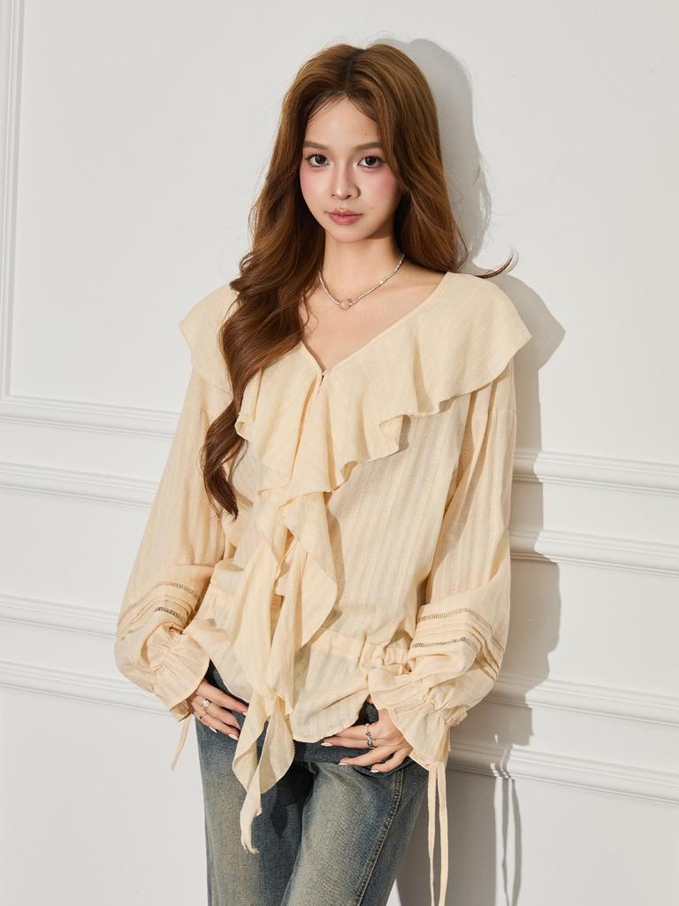 Women's French Apricot Ruffle V-Neck Lantern Sleeve Top