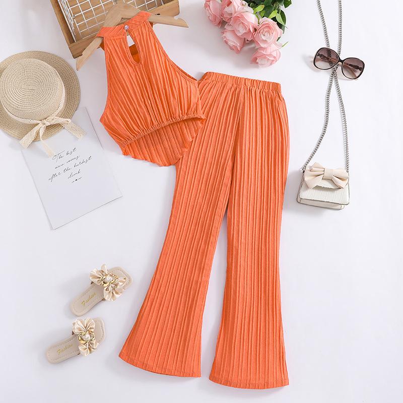 Модный костюм для девочек, летний детский элегантный топ без рукавов с бретельками через шею, повседневные брюки, костюм из двух частей