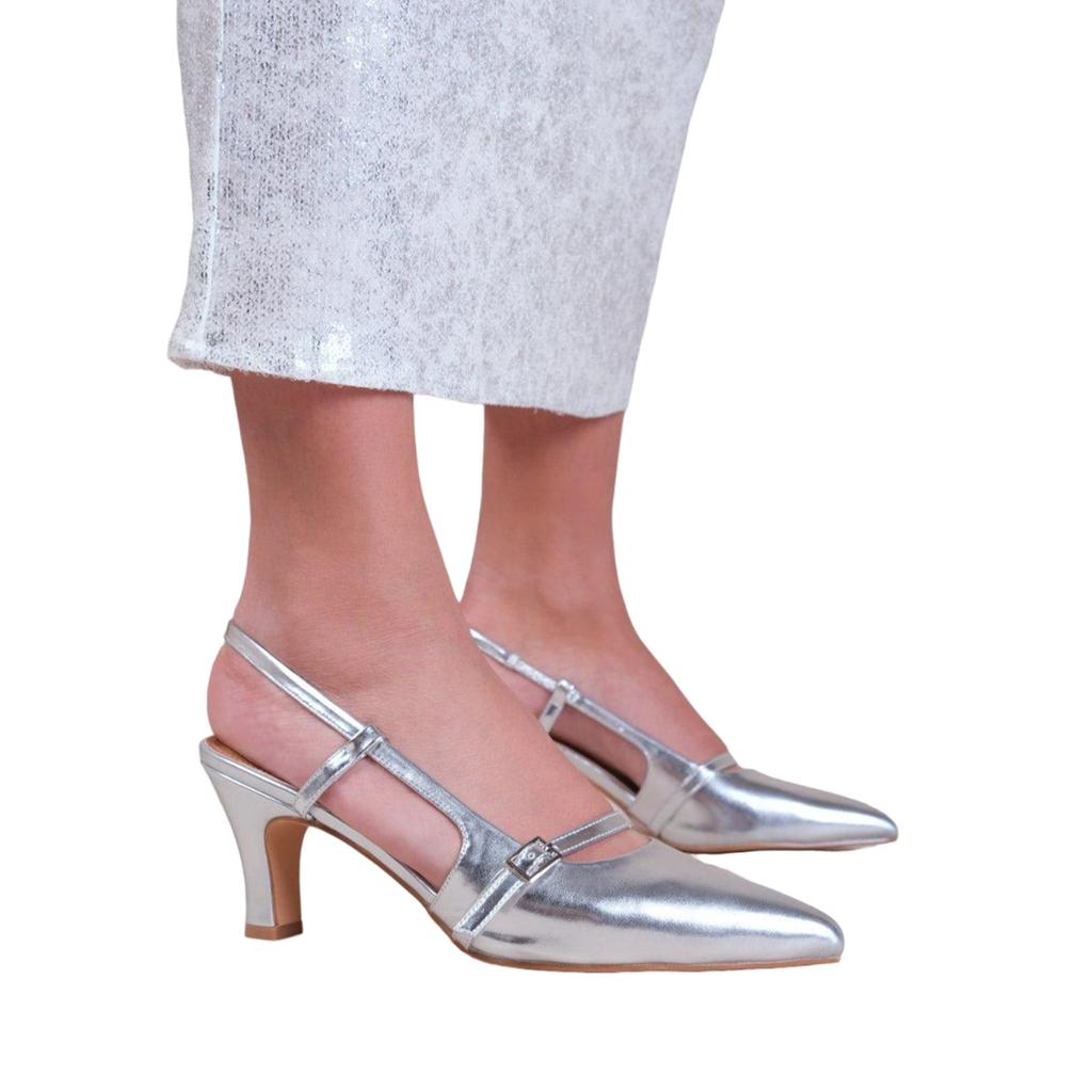 Where's That From Womens/Ladies On Point Patent Leather Sling Back Wide Medium Heel Sandals