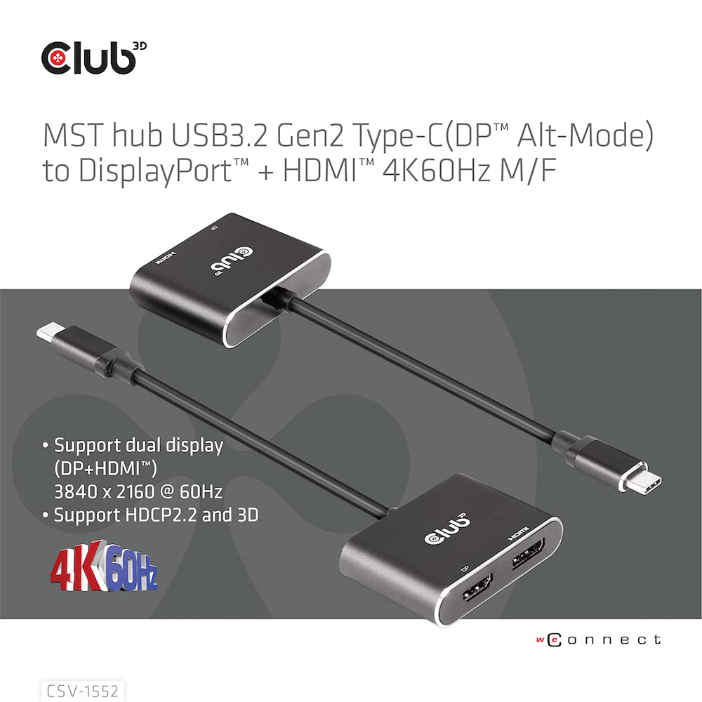 Club 3D MST-концентратор USB 3.2 Gen 2 Type-C (Альтернативный режим DP) Разветвитель-хаб на 2 дисплея DisplayPort + HDMI 4K60Hz, штекер/розетка (CSV-1552)
