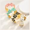 Vintage Colorful Enamel Flower Cuff Bracelet, 18K Gold Plated Stainless Steel Floral Bangle, Anti-Tarnish Party Jewelry
