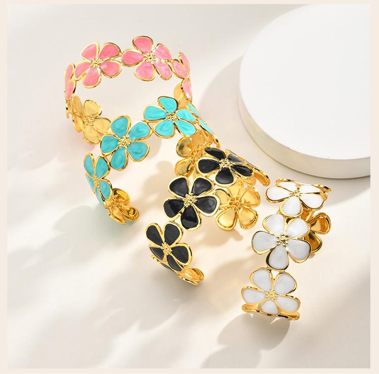 Vintage Colorful Enamel Flower Cuff Bracelet, 18K Gold Plated Stainless Steel Floral Bangle, Anti-Tarnish Party Jewelry
