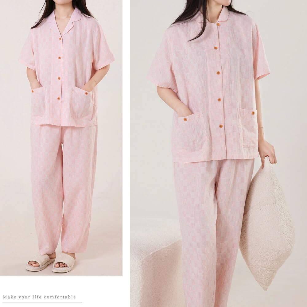 Да Семейный комплект женских пижамных шорт из двойной марли в клетку размера M, 100% хлопок, рукава, узор, розовый,