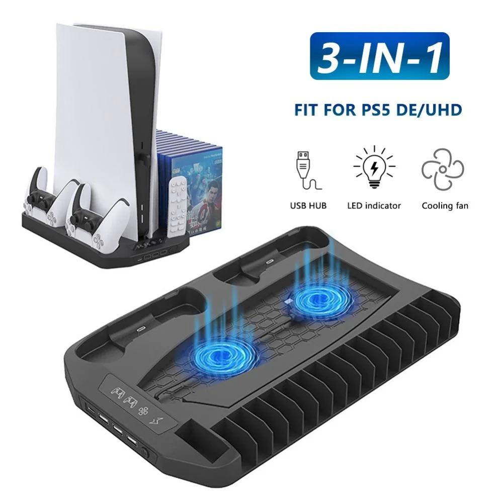 Vertical Stand Cooling Fan System Dual Controller Charging Station Docks with LED Indicator and 2 Port USB Hub for PS5 Game Slots