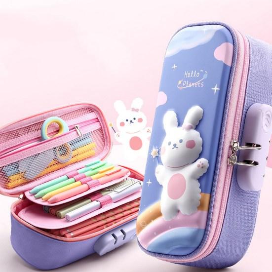 Сумка-карандаш, двухслойная 3D-печать, гладкая двойная молния, дизайн с паролем, милый узор кролика, компактная коробка для канцелярских принадлежностей с ручкой, ежедневное использование