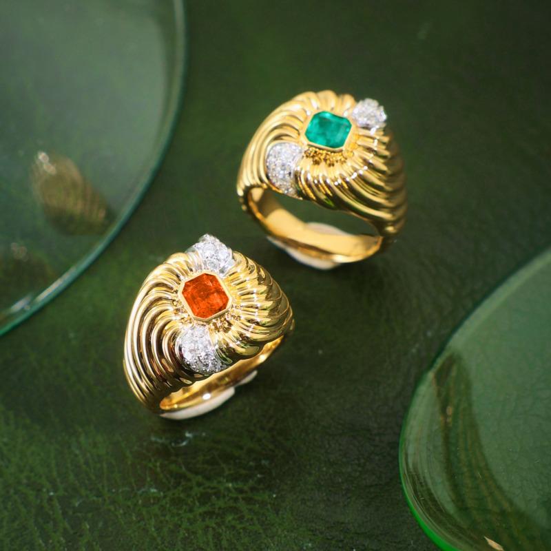 Medieval Vintage Forest Breath French Texture Plating 18K Gold Diamond Imitation Emerald Ring Girl
