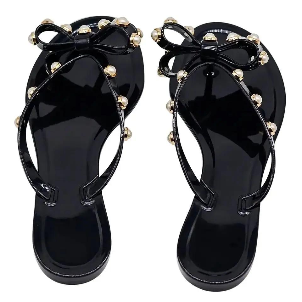 Тапочки женские шлепанцы лето снаружи 2024 новые женские сандалии с бабочкой и елочкой жемчужные тапочки желейные пляжные туфли 41