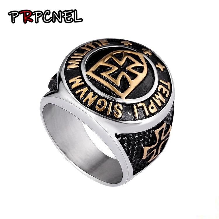 New Gold Color Knights Templar Cross Ring Men 316L Stainless Steel Ordre Temple Ancient Zircon Glory Rings Fashion Mens Jewelry