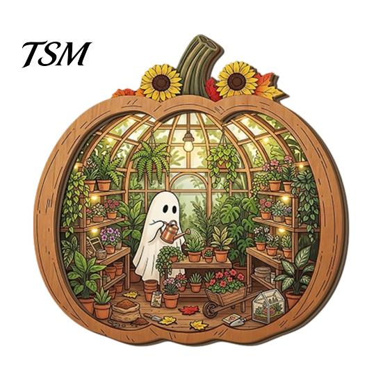 Wooden Desktop Shelf Accessory Halloween Ghost Tabletop Ornament, 2D Flat Cute Reading Bathing Fall Harvest Home Decoration Watering Plaque with Stand