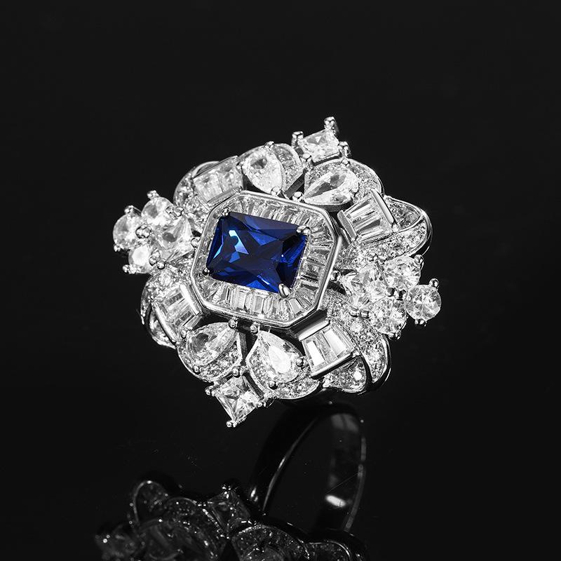 Pink zirconium ring Royal blue red corundum ring European and American retro inlaid zircon square ring ring