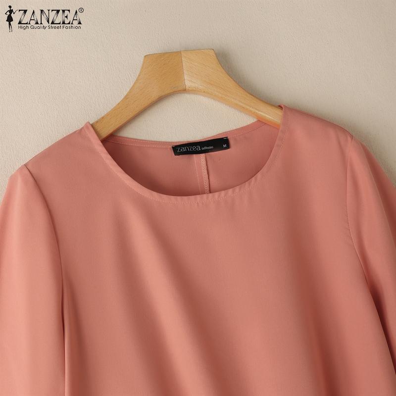 ZANZEA Женская повседневная однотонная блузка с круглым вырезом и половиной рукавов