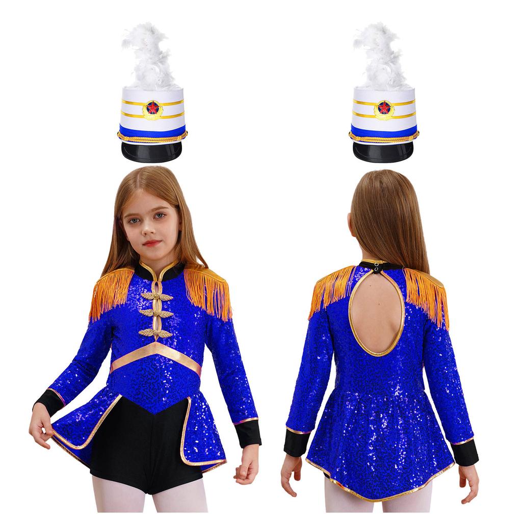 Girls Circus Drummer Costume Long Sleeve Sequined Bodysuit Fringe Epaulet Shoulder Mini Top Hat Accessory