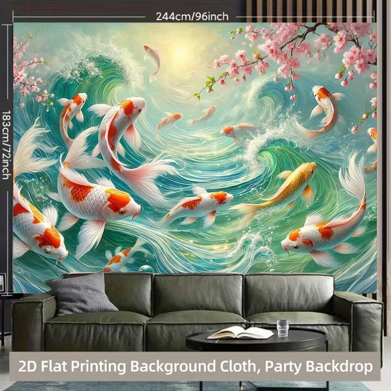 2D Печатный фон Счастливый карп Цветы сакуры Бирюзовая вода Фотобудка для вечеринки Фон