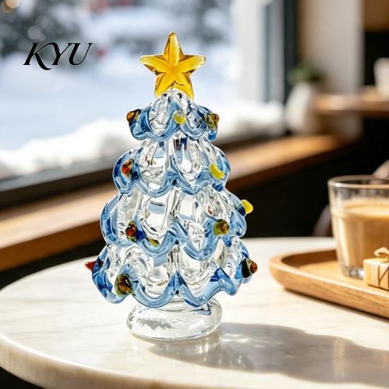 Christmas Gift for Friends Glazed Glass Tree Figurine, Handcrafted Ornament Small Seasonal Home Accents Holiday Display, Colorful Modern Table