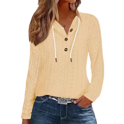 Модный женский худи, вязаный, со шнурком, на пуговицах, с V-образным вырезом, с длинным рукавом, пуловер, повседневная футболка