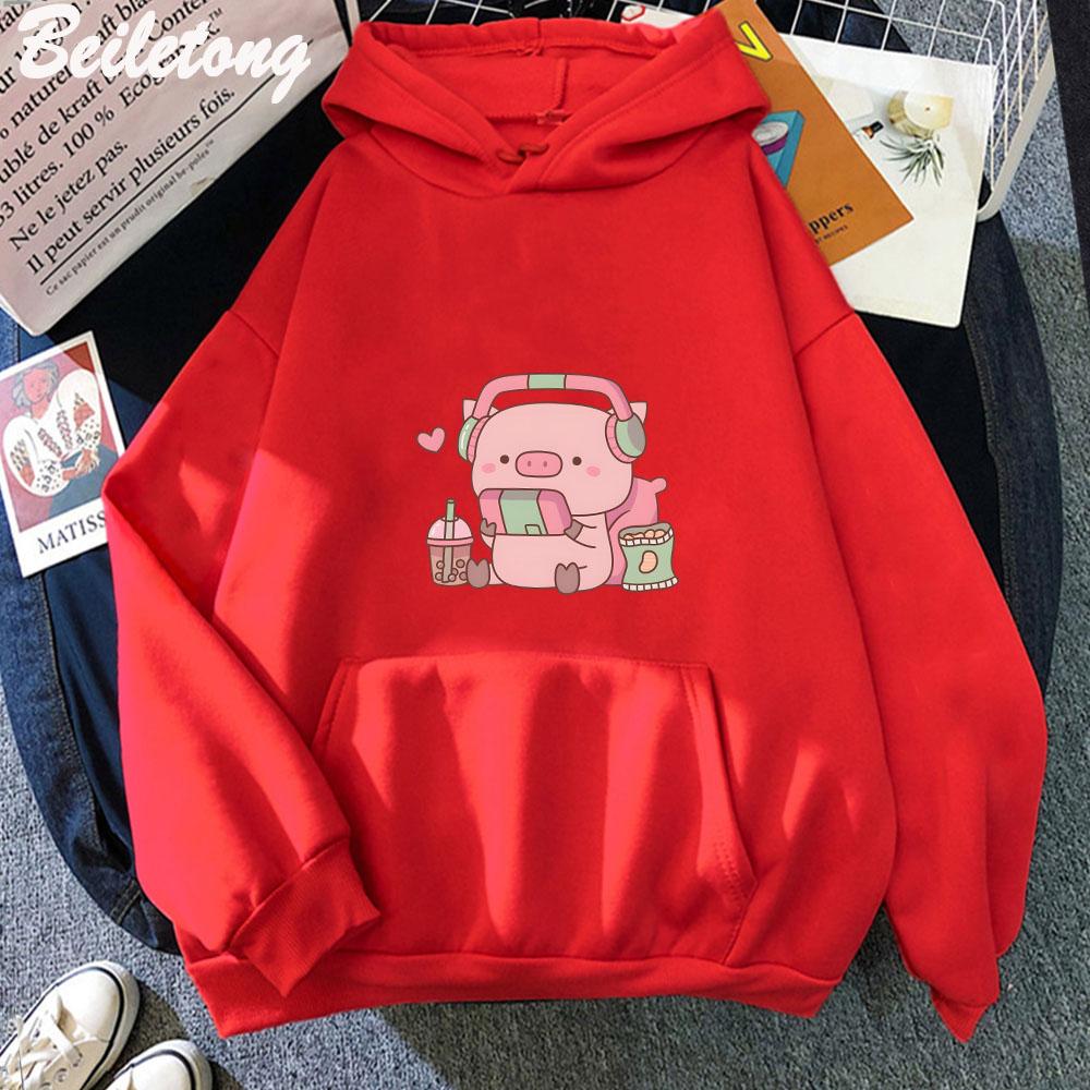 Милый маленький поросенок-геймер в наушниках Толстовки Женские Каваи Уличная одежда Свитшоты Графические пуловеры Одежда