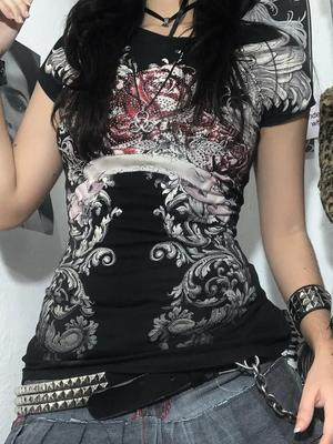 Футболка с принтом American Gothic Dark Rose для женщин Y2K в стиле ретро, хип-хоп, панк, горячая девушка, обтягивающая талию, сексуальный, тонкий, повседневный топ Harajuku