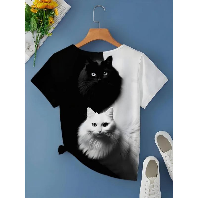 Casual Fashion Simple Abstract Painting Animal Black and White Cat Breathable 3D Printed V-neck Short Sleeve T-shirt Casual Sports Shirt