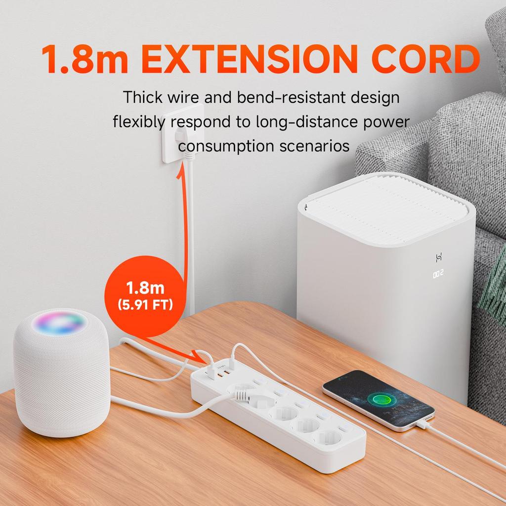EU AC Plug 1.8M Extension Cord European Standard Independent Switch Multitap Power Strip Network Filter With USB C Ports Charging