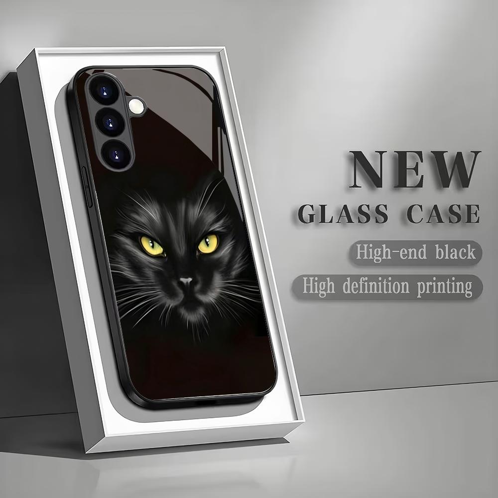 Черный стеклянный чехол для телефона с кошкой, подходящий для Samsung Galaxy S26 S25 S24 S23 S22 S20 FE/Ultra/Plus, противоударная задняя крышка