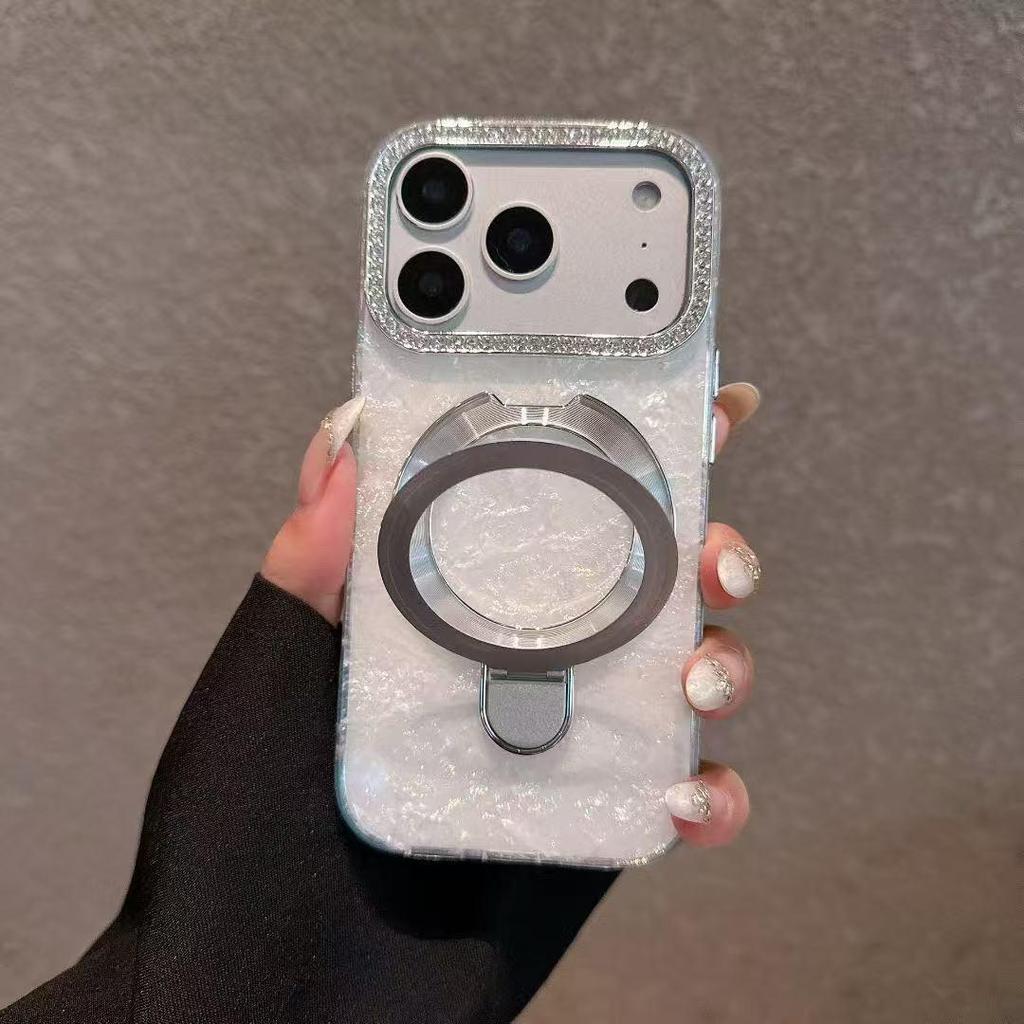 Чехол для телефона со стразами и узором в виде ракушки для iPhone 13/14/15/16/17 Pro Max с подставкой