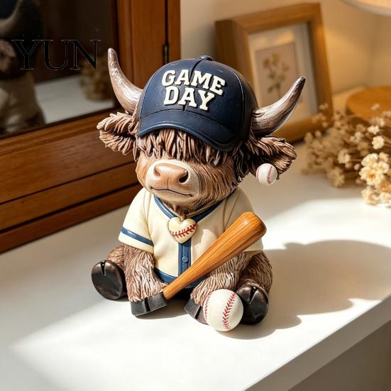 Decorative Calf Figurine 2Pcs Baseball Bull Figurines, Creative Resin Animal Statue for Desk Shelf, Matte Finish Home Office Decor, Unique Gift
