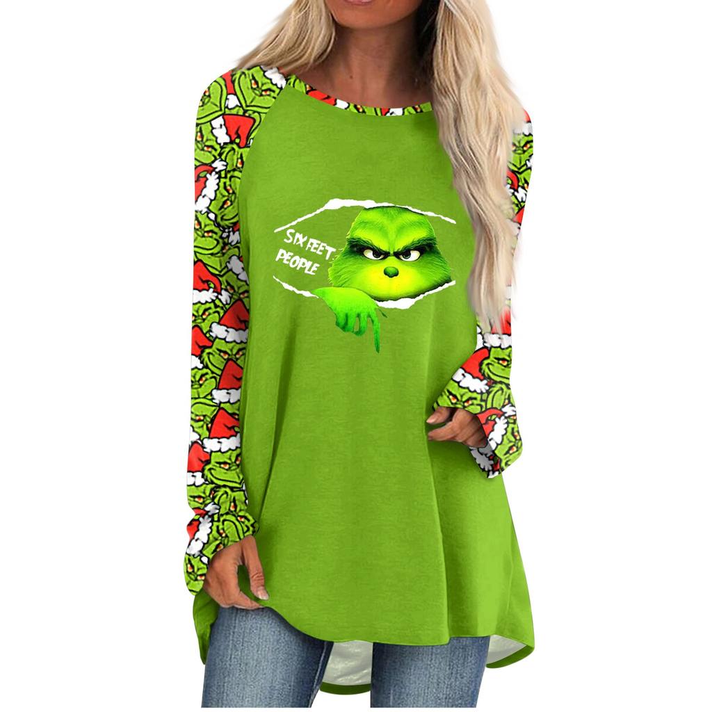 Women's Fashion Casual Long Sleeve Christmas Print Round Neck Pullover Top Blouse