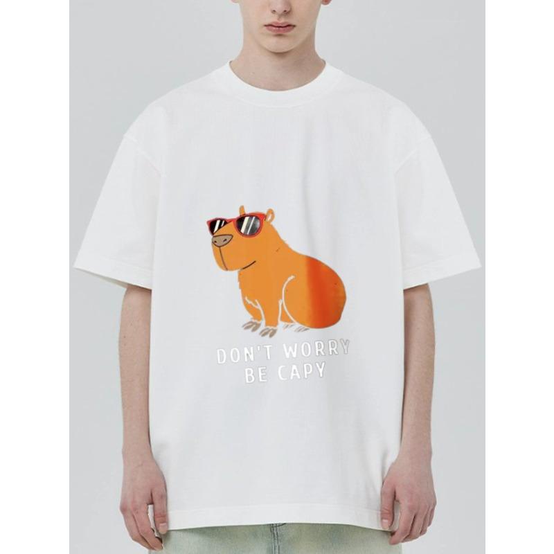 Crew Neck T Shirt Black Capybara with Sunglasses and Don T Worry Be Capy Text Casual Wear for Men and Women