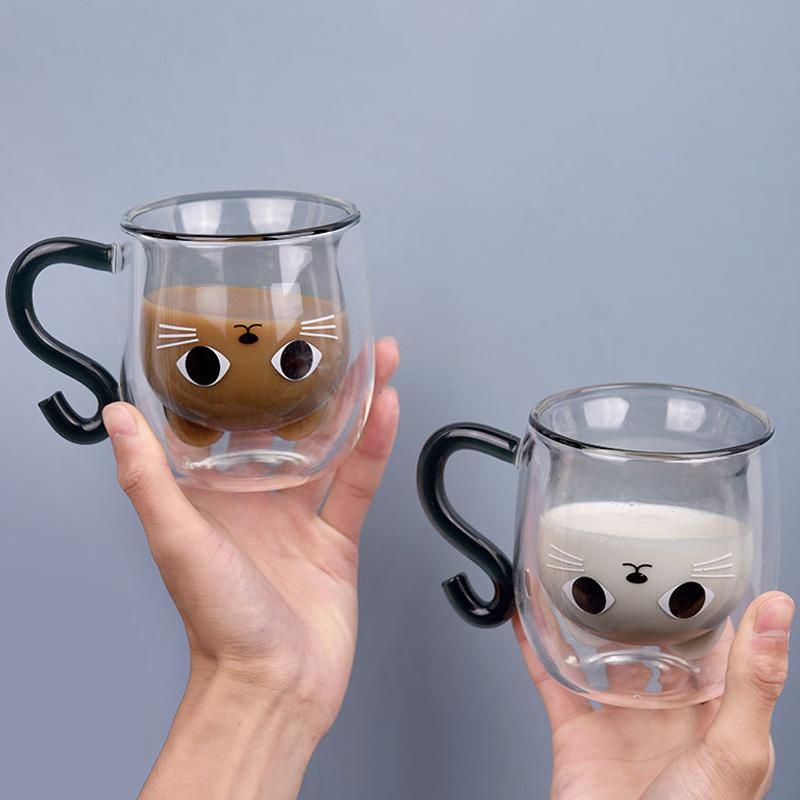 1 шт., креативная кружка в форме кошки, кофейная чашка с двойными стенками, 280 мл, стекло