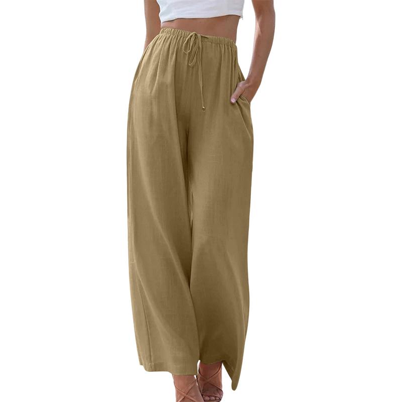 Женские элегантные хлопковые льняные однотонные свободные брюки с широкими штанинами на шнуровке Брюки с эластичной резинкой на талии