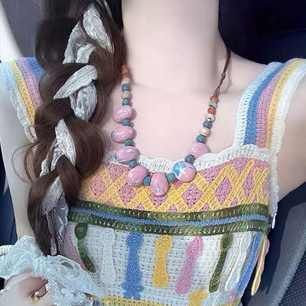 Simple Ceramics Beaded Necklace Choker Bohemia Ceramic Necklace Ethnic Style Necklace Holiday