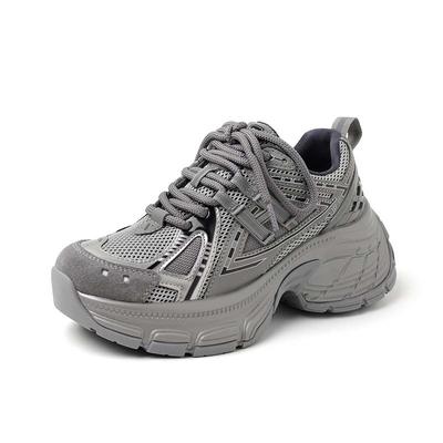 Кроссовки из микрофибры с сеткой, весна-осень-лето, на платформе, со шнуровкой, серебристого цвета, с толстой подошвой, женская модная обувь