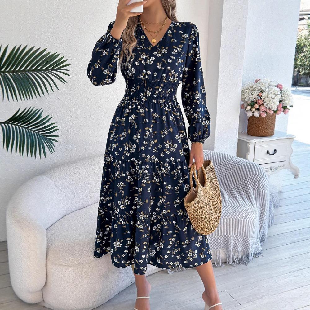 Модные женские платья Элегантные цветочные с V-образным вырезом и длинным рукавом Приталенные с оборками А-силуэта