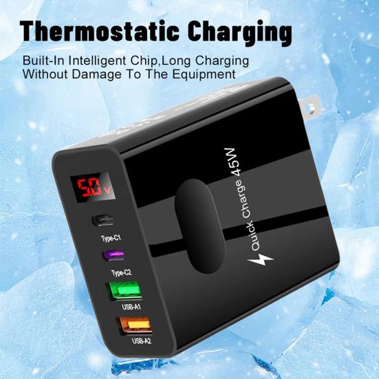 Зарядный адаптер для телефона Type-C USB 4 порта Быстрая зарядка 45 Вт Высокая мощность с цифровым дисплеем Зарядная головка с вилкой US для iPhone для Huawei