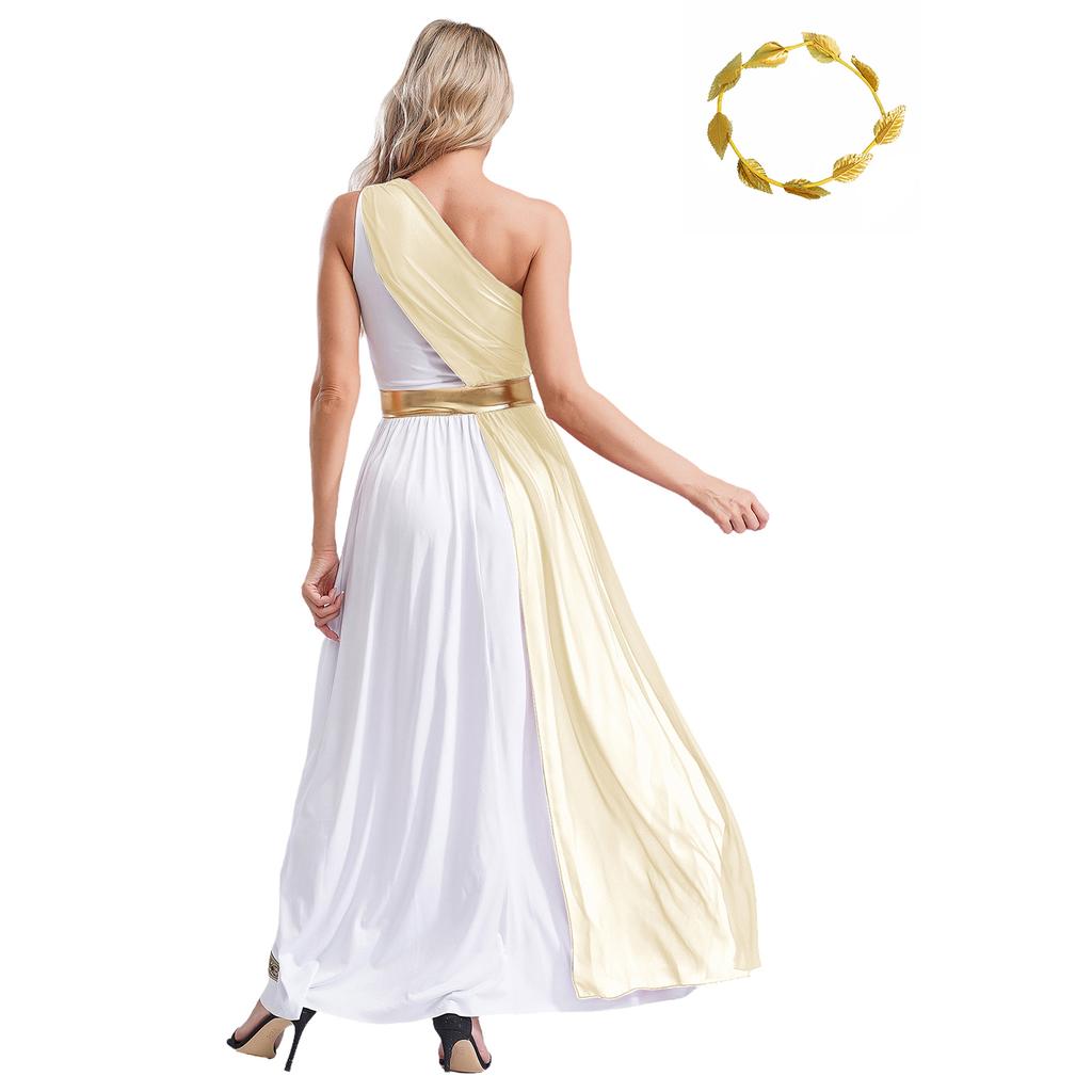 Womens Ancient Greek Dance Dress One Shoulder Chiffon Overlay Vintage Trim Tunic Dress Artificial Leaf Garland Headwear
