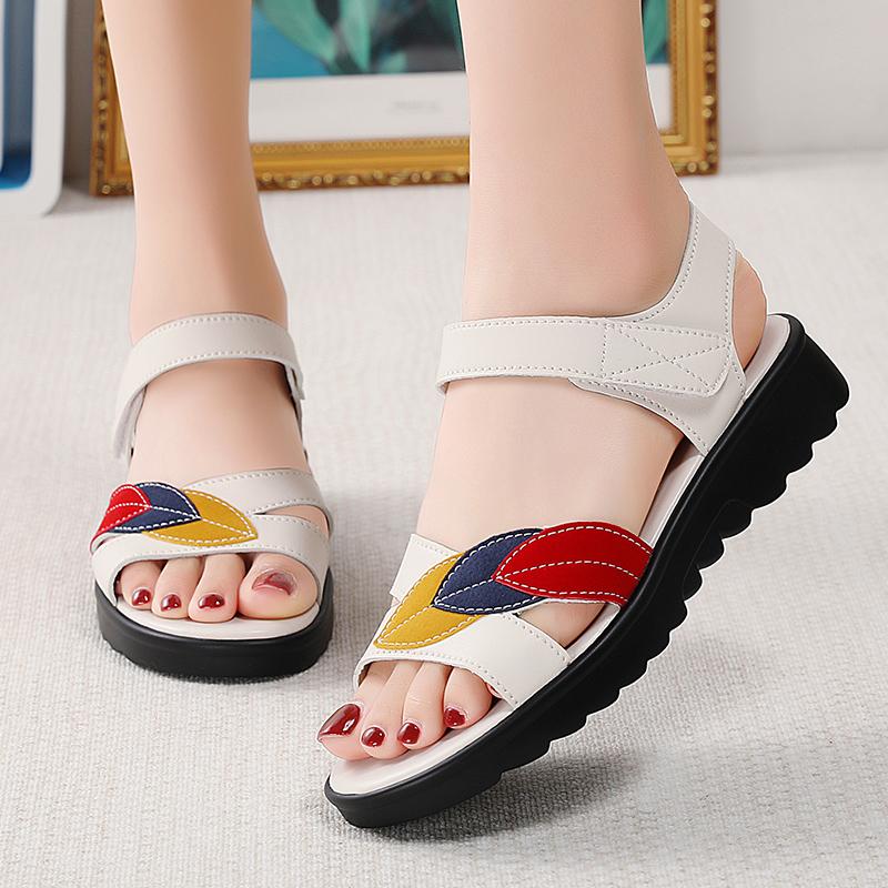 Women Beige Sandals Casual Soft Comfortable Flats Shoes Black Flower Simple Open Toe Sandals for Mother