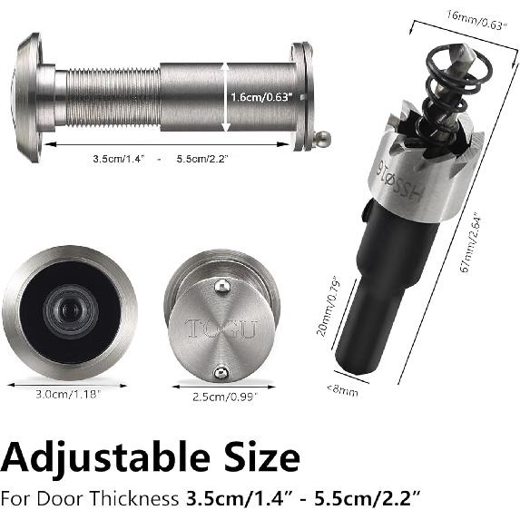 TOGU Дверные глазки из цельной латуни 220 градусов с сверлом 16 мм, Дверной глазок 0,63 дюйма с приватностью, Совместим с толщиной двери от 1-3/8" до