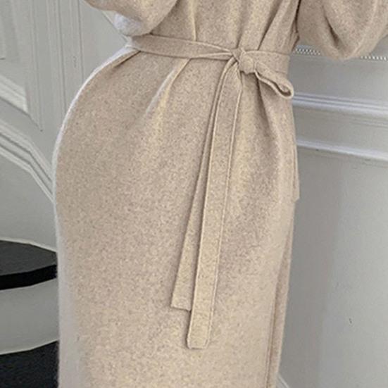 Women's Turtleneck Sweater Midi Dress Button High Neck Long Sleeve Dress Fall Ribbed Knit Long Dress with Belt